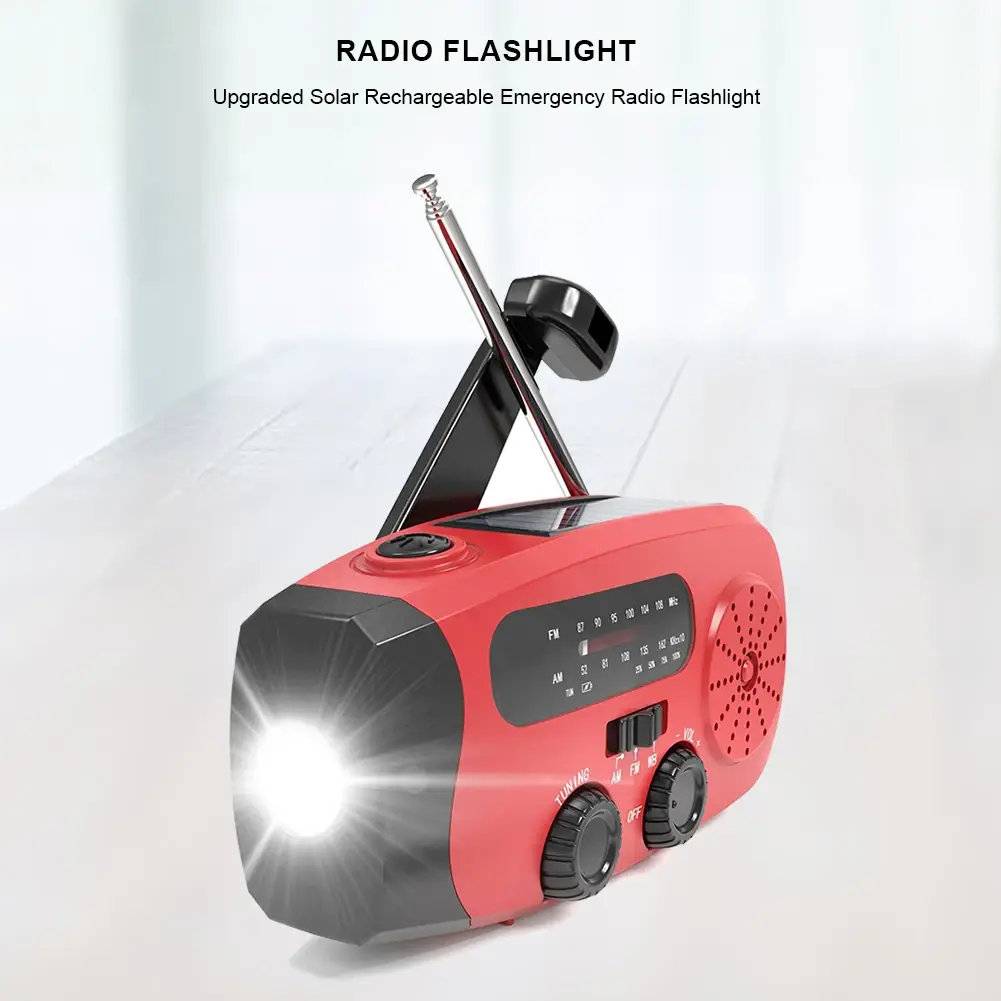 Emergency Hand Crank Radio with LED Lights Portable Phone Charger USB Charged & Solar Power Multifunctional for Outdoor Survival