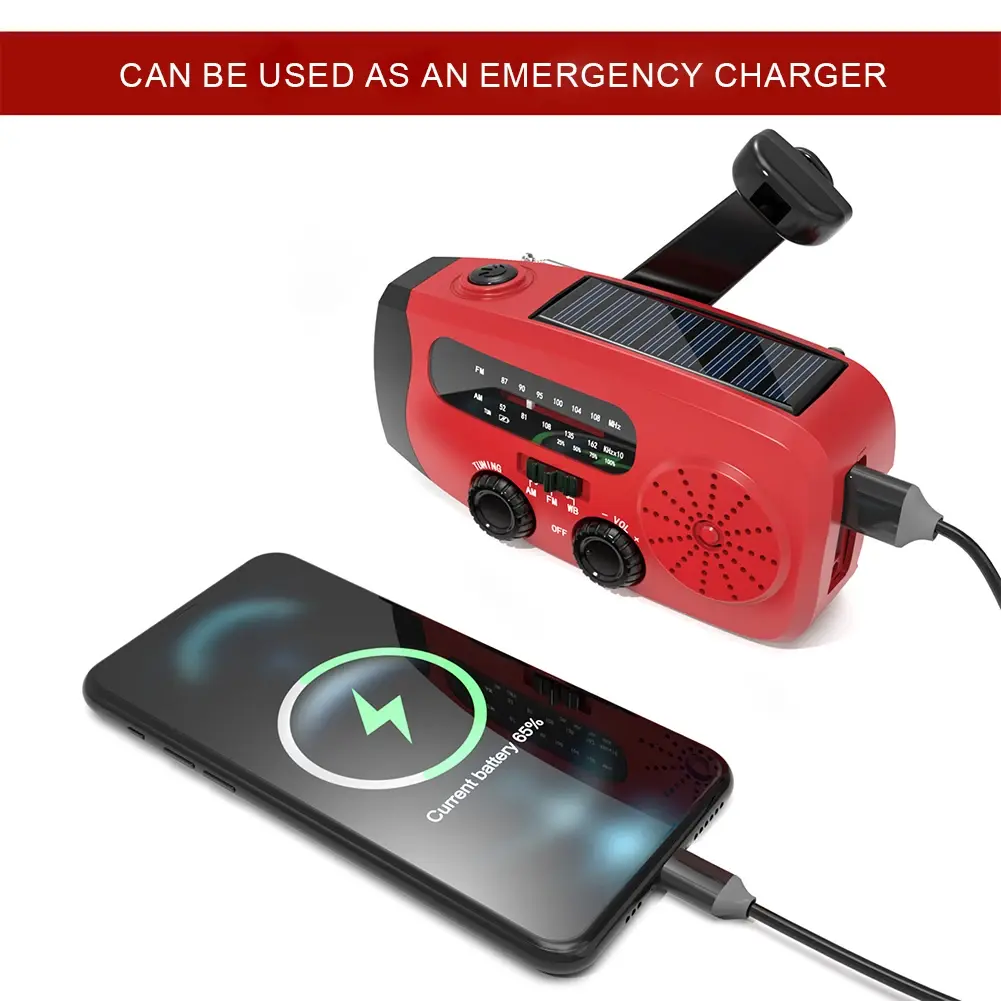 Emergency Hand Crank Radio with LED Lights Portable Phone Charger USB Charged & Solar Power Multifunctional for Outdoor Survival