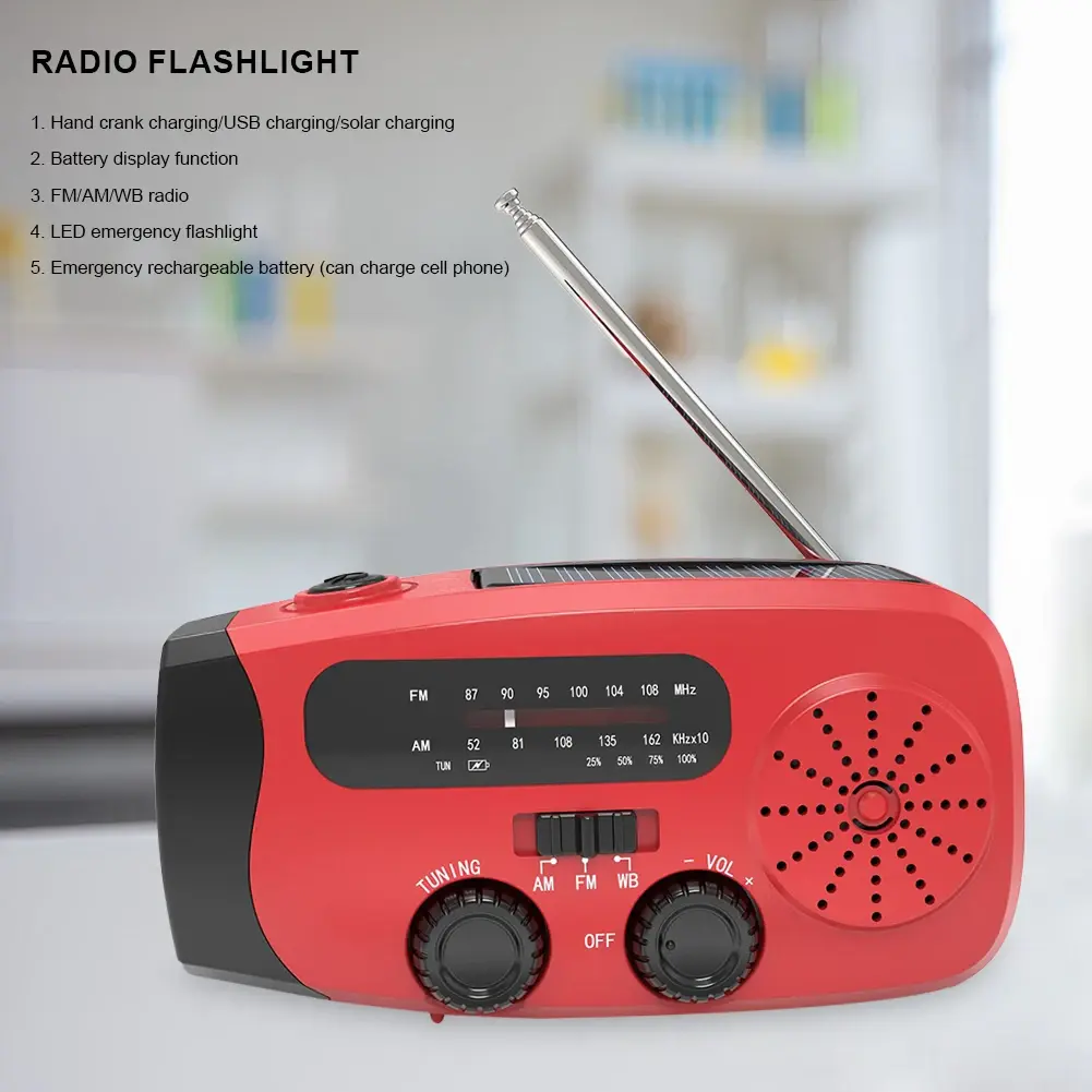 Emergency Hand Crank Radio with LED Lights Portable Phone Charger USB Charged & Solar Power Multifunctional for Outdoor Survival