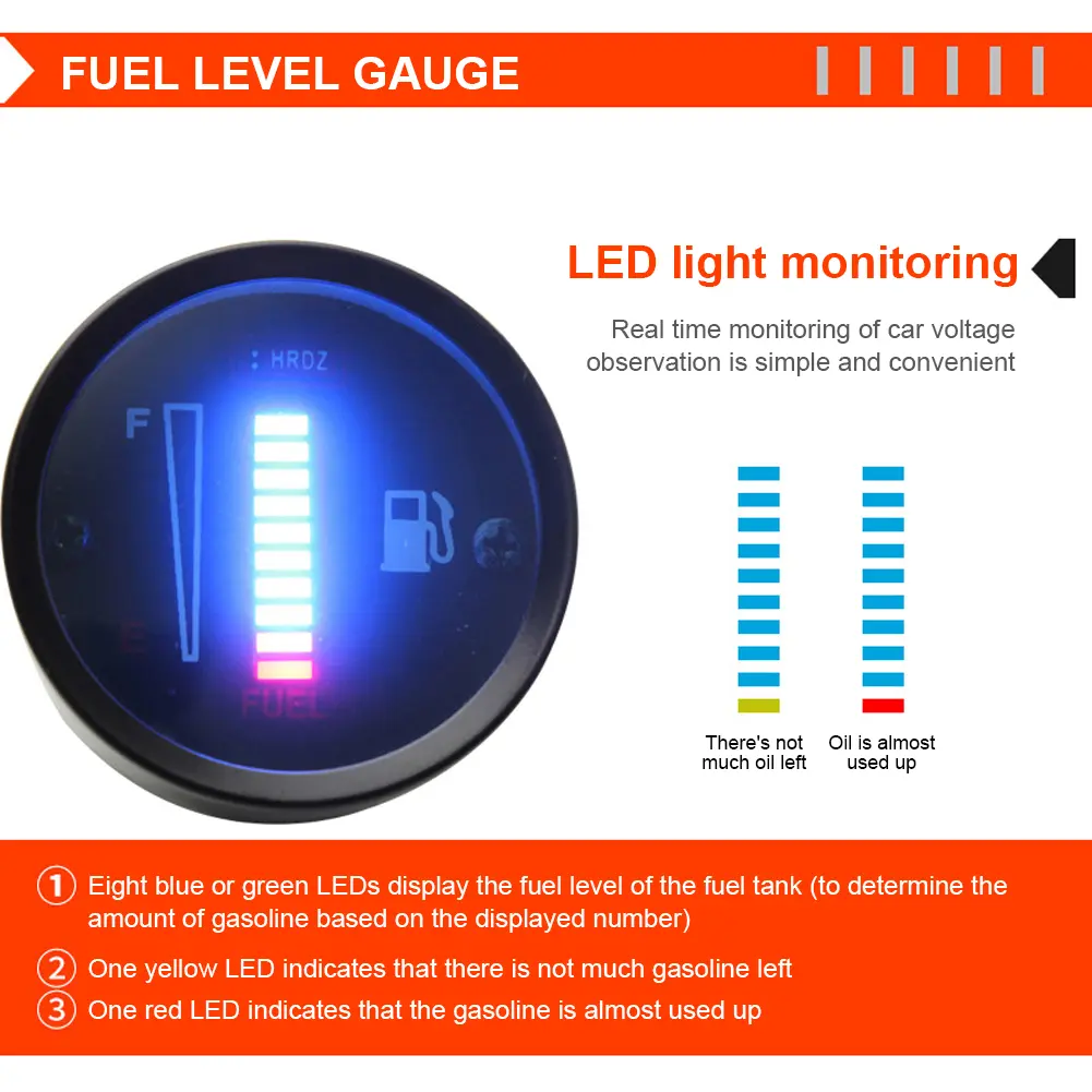 12V Fuel Level Gauge Ultra Thin 2Inch Fuel Level Meter High Precision Electronic Fuel Meter for Auto Vehicle Motorbike Truck SUV