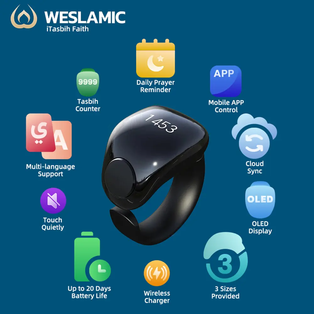 2025 Weslamic Smart Tasbeeh Tasbih Zikr Ring 4 Digit Smart Electronic Counter Waterproof for Muslim Praise Prayer Reminder