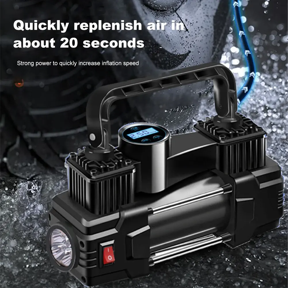 12V 150PSI Car Tire Pump with Pressure Gauge Auto Inflatable Pump Dual Cylinder Heavy Duty Deluxe Portable Metal Air Compressor