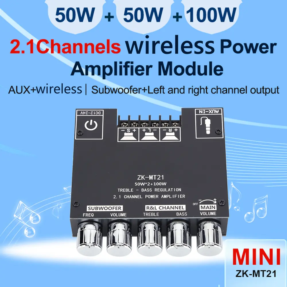 ZK-MT21 2.1 Channel Subwoofer Digital Power Amplifier Board Bluetooth 5.0 CS8673E 2*50W+100W Power Audio Stereo Amplifier Board
