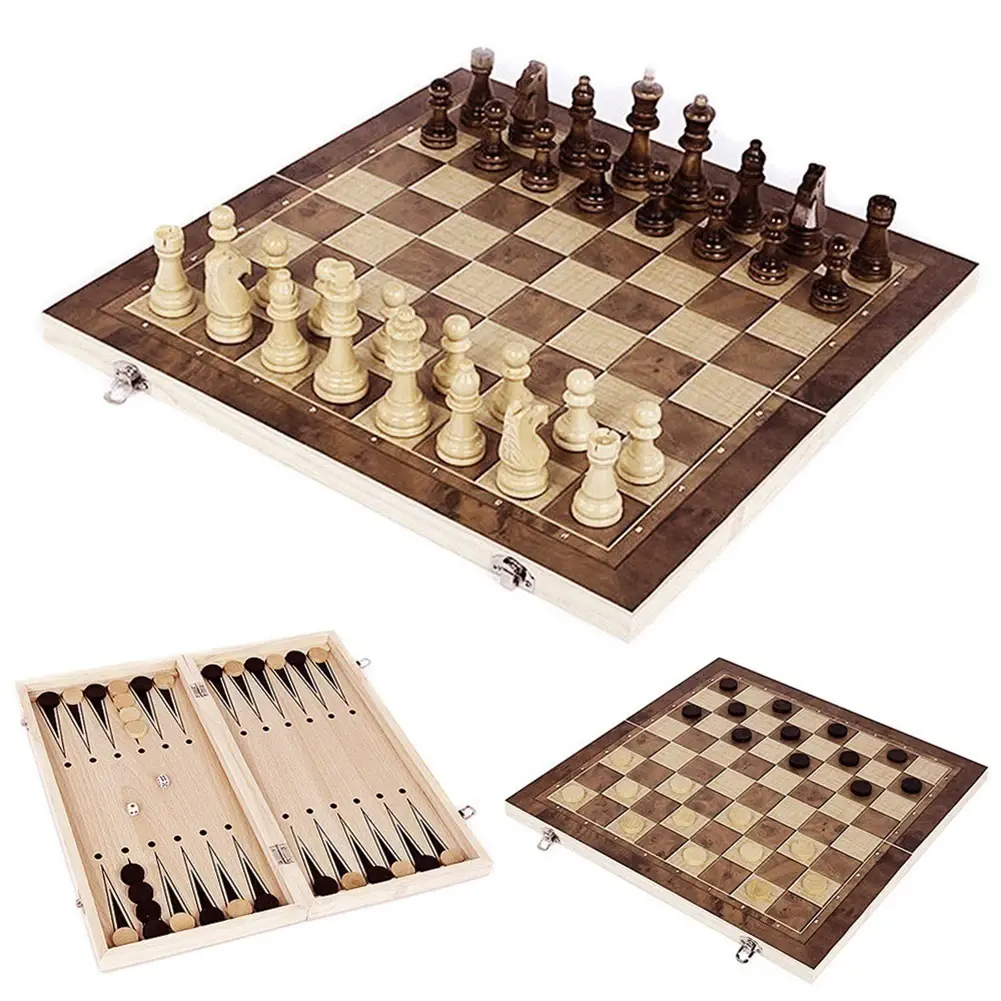 3 in 1 Foldable International Chess Wooden Chess and Checkers Game Set Portable Travel Chess Sets Chess Game Board for Adults Hi