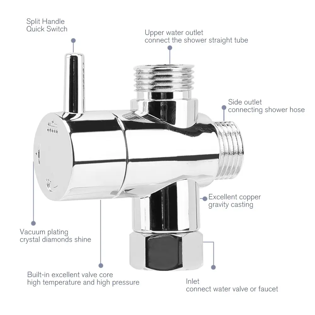 Diversion Valve Tap Chrome Shower Head Diverter Valve Anti-scratch Shower Arm Splitter Corrosion Resistant for Fixed Spray Head