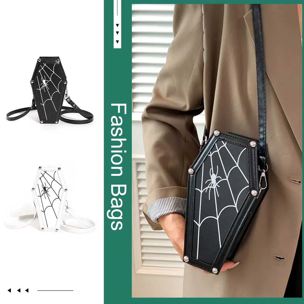 Women Gothic Crossbody Bag PU Leather Coffin Vintage Cobweb Bag Adjustable Strap Halloween Gift for Female