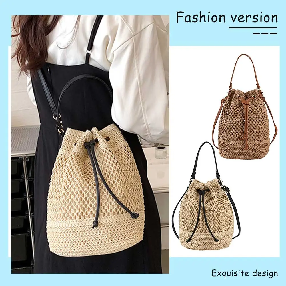 Summer Hand-Woven Handbag Drawstring Woven Messenger Bag Adjustable Strap Fashion Simple Portable Elegant for Weekend Vacation