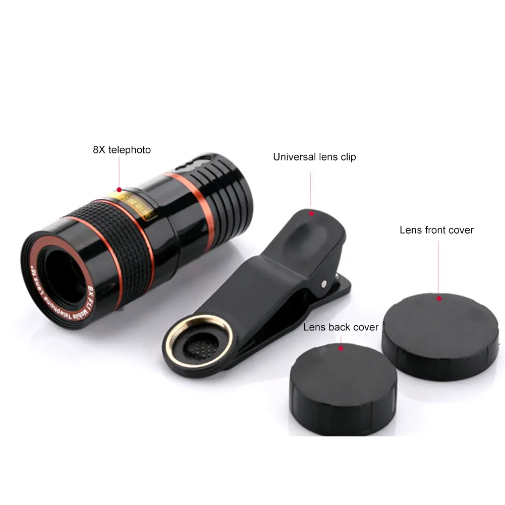 8x Clip-on Lens Black Shell Cell Phone Camera Lens Adjustable Focal Length High Magnification for Outdoor Camping Accessories