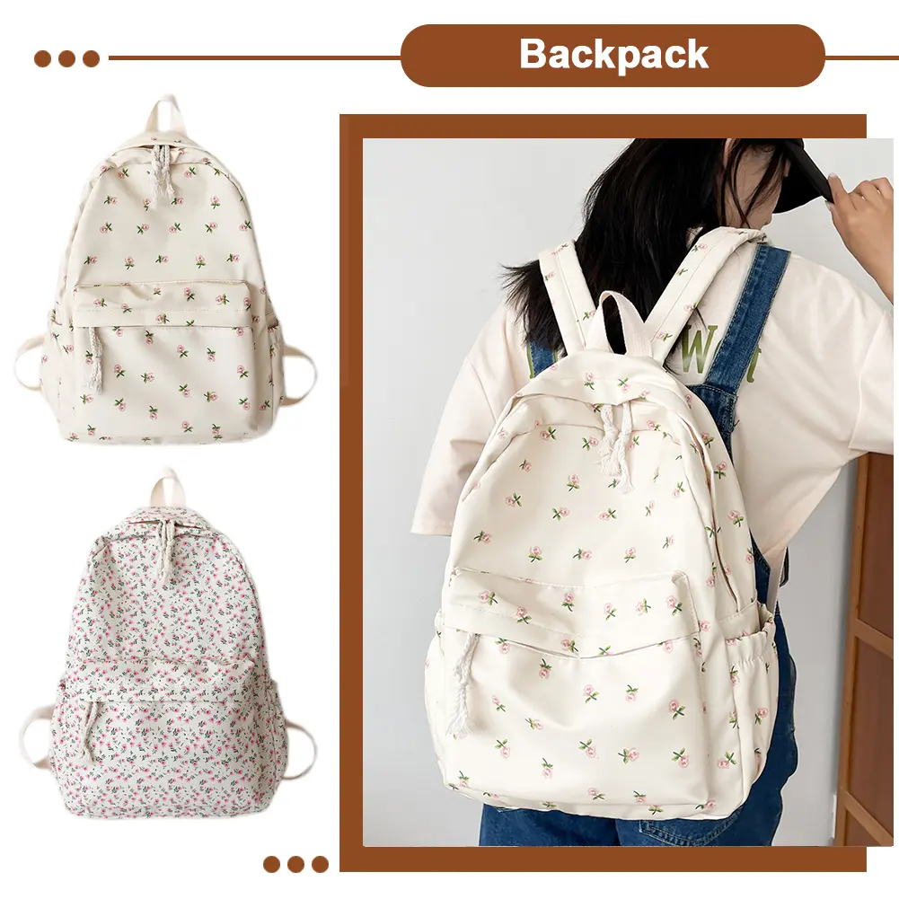 Women Simple Floral Backpack Large Capacity Flower Book Schoolbag Adjustable Strap Casual Floral Backpack Students Daily Bag