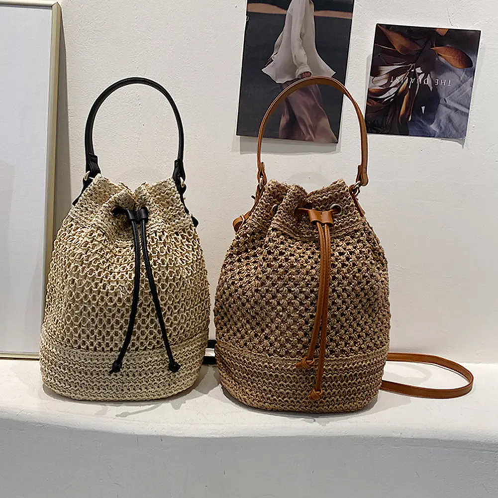 Summer Hand-Woven Handbag Drawstring Woven Messenger Bag Adjustable Strap Fashion Simple Portable Elegant for Weekend Vacation