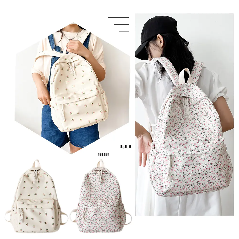 Women Simple Floral Backpack Large Capacity Flower Book Schoolbag Adjustable Strap Casual Floral Backpack Students Daily Bag