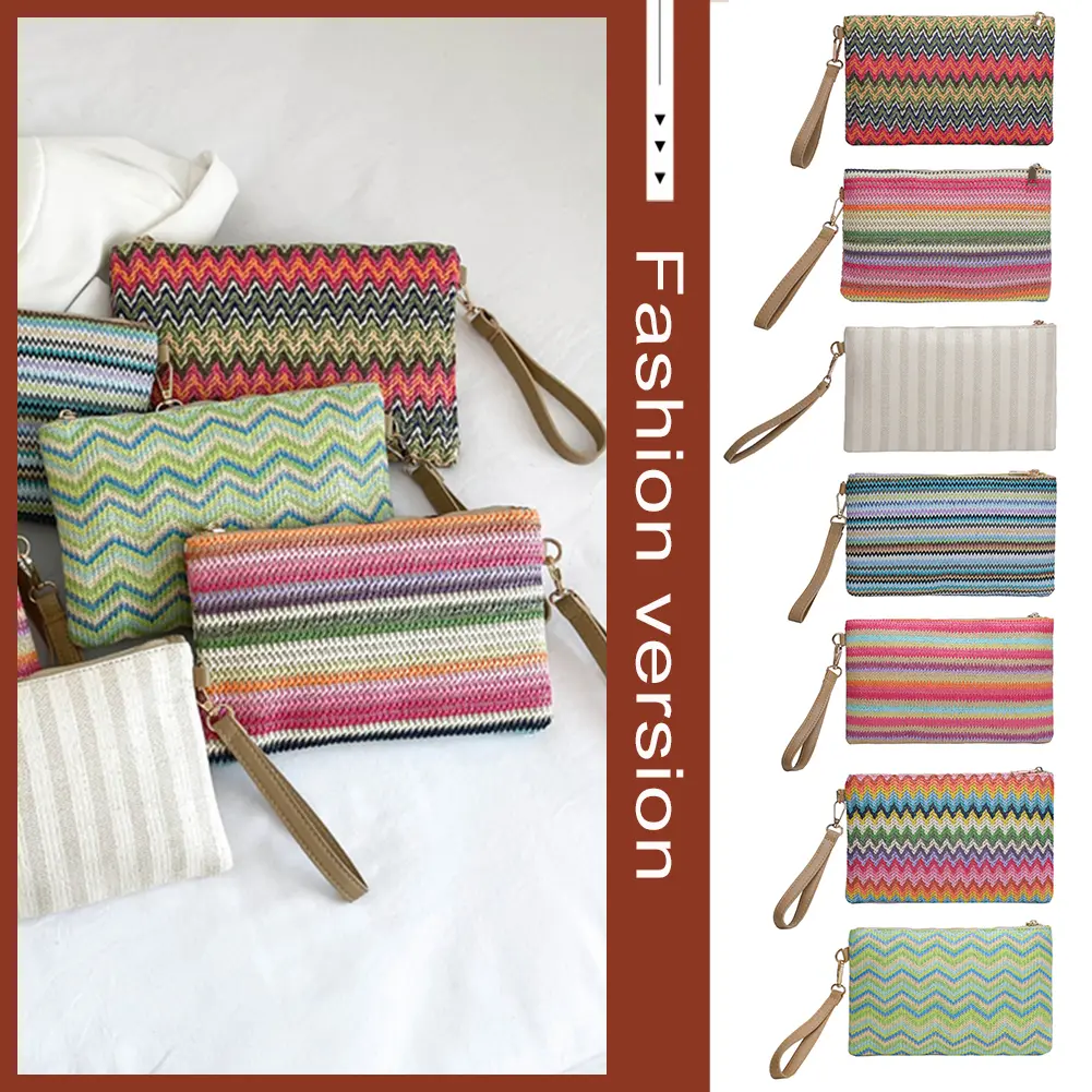 Straw Woven Wallet Colourful Hand-woven Straw Bag Handmade Vintage Casual Portable Elegant Simple Exquisite for Weekend Vacation