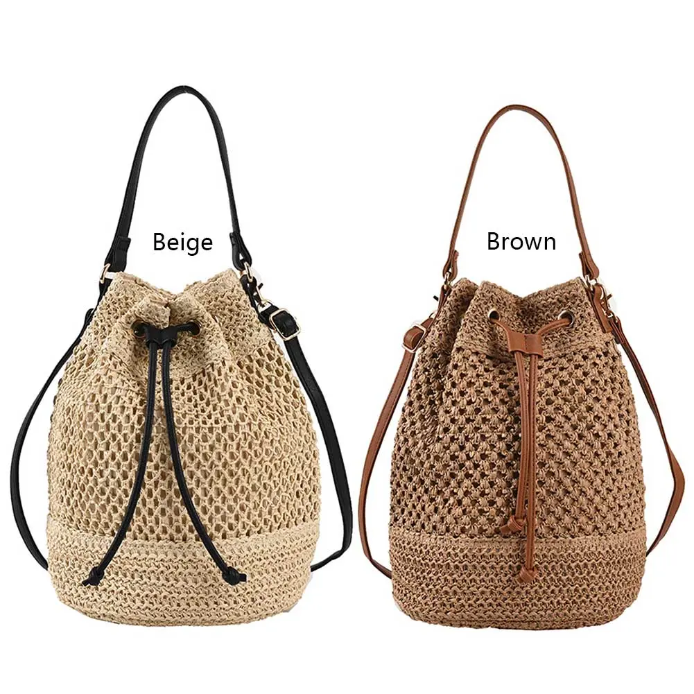 Summer Hand-Woven Handbag Drawstring Woven Messenger Bag Adjustable Strap Fashion Simple Portable Elegant for Weekend Vacation