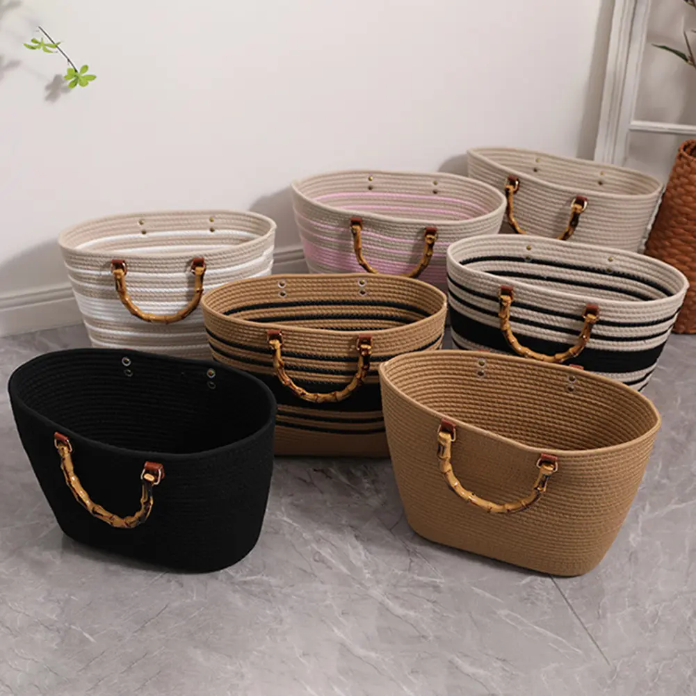 Ladies Woven Tote Bamboo Handle Holiday Hand Bag Large Capacity Striped Portable Casual Fashion Exquisite for Seaside Party