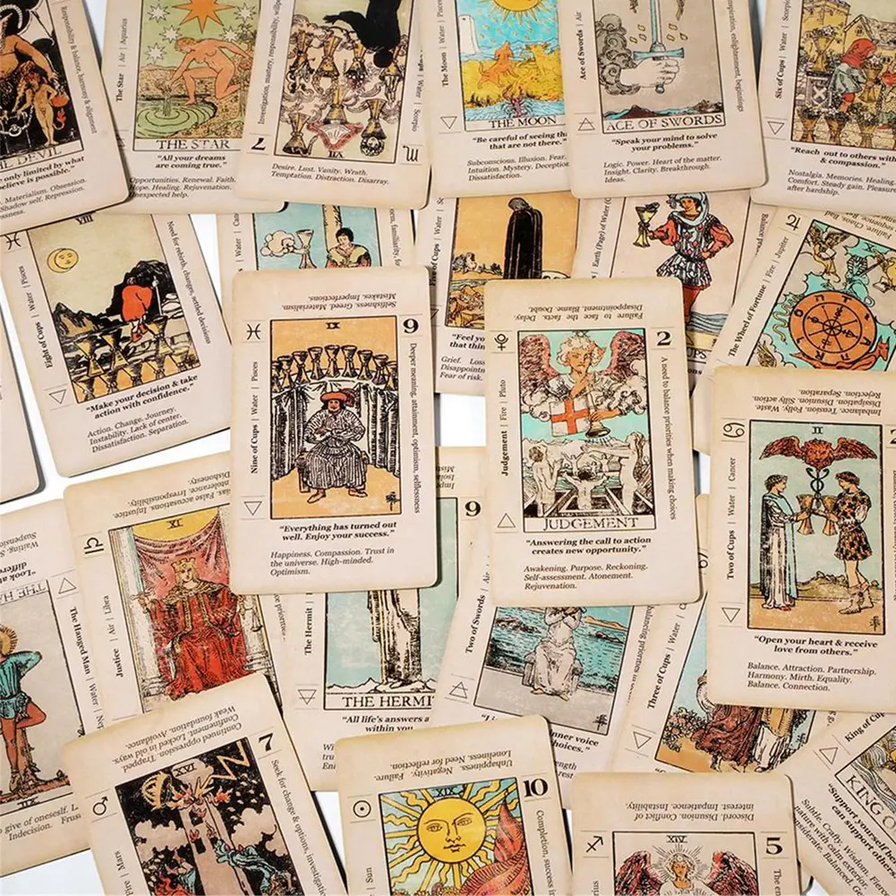 78pcs Meaning Tarot Cards Family Party Supplies Antiqued Tarot Deck Reversed Zodiac Keywords Deck Card Game for Spiritual Growth