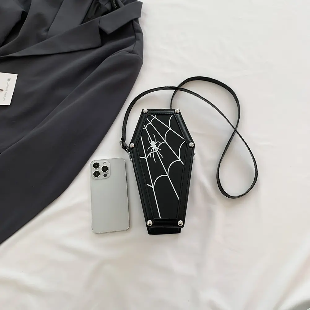 Women Gothic Crossbody Bag PU Leather Coffin Vintage Cobweb Bag Adjustable Strap Halloween Gift for Female