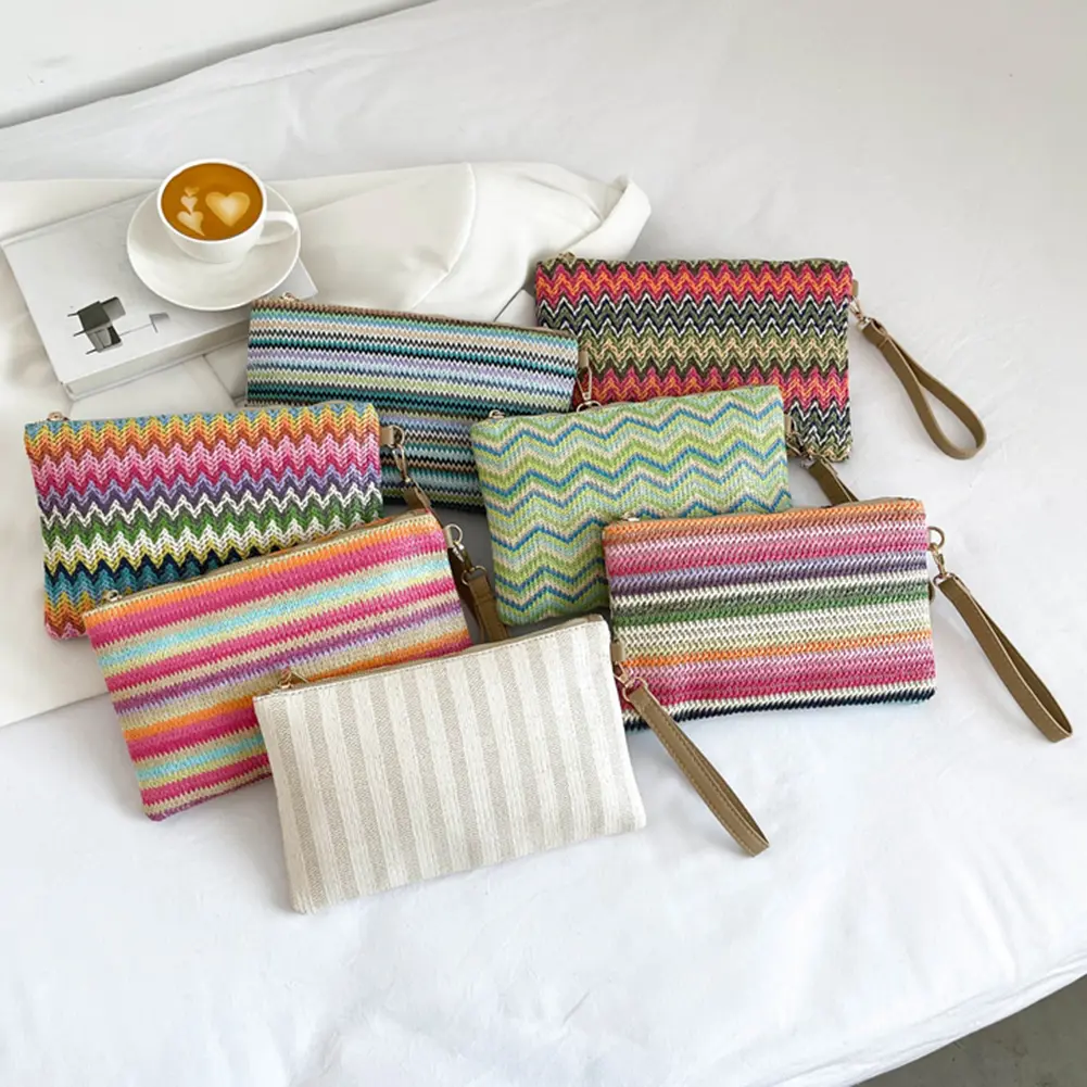 Straw Woven Wallet Colourful Hand-woven Straw Bag Handmade Vintage Casual Portable Elegant Simple Exquisite for Weekend Vacation