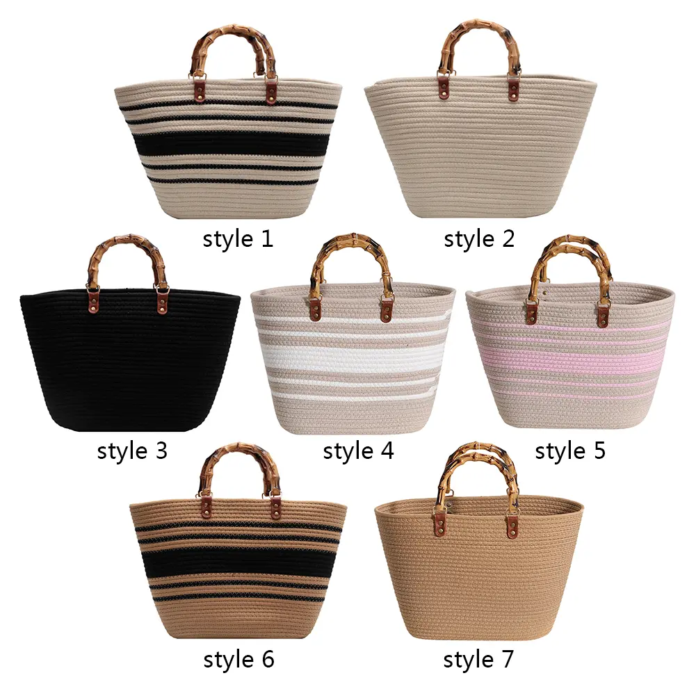 Ladies Woven Tote Bamboo Handle Holiday Hand Bag Large Capacity Striped Portable Casual Fashion Exquisite for Seaside Party