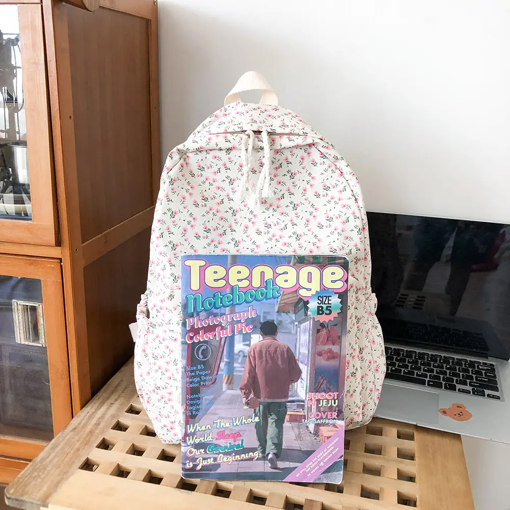 Women Simple Floral Backpack Large Capacity Flower Book Schoolbag Adjustable Strap Casual Floral Backpack Students Daily Bag