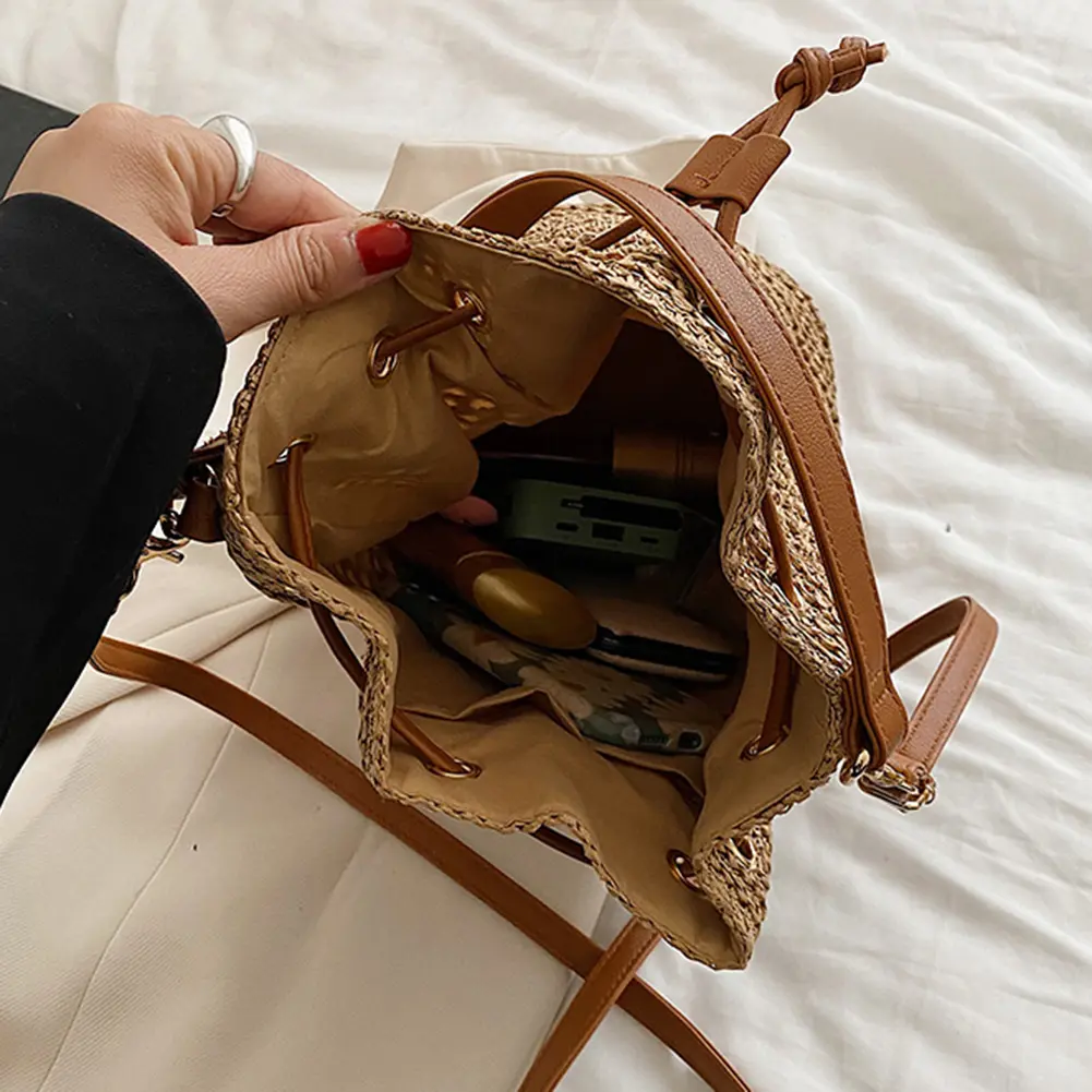 Summer Hand-Woven Handbag Drawstring Woven Messenger Bag Adjustable Strap Fashion Simple Portable Elegant for Weekend Vacation