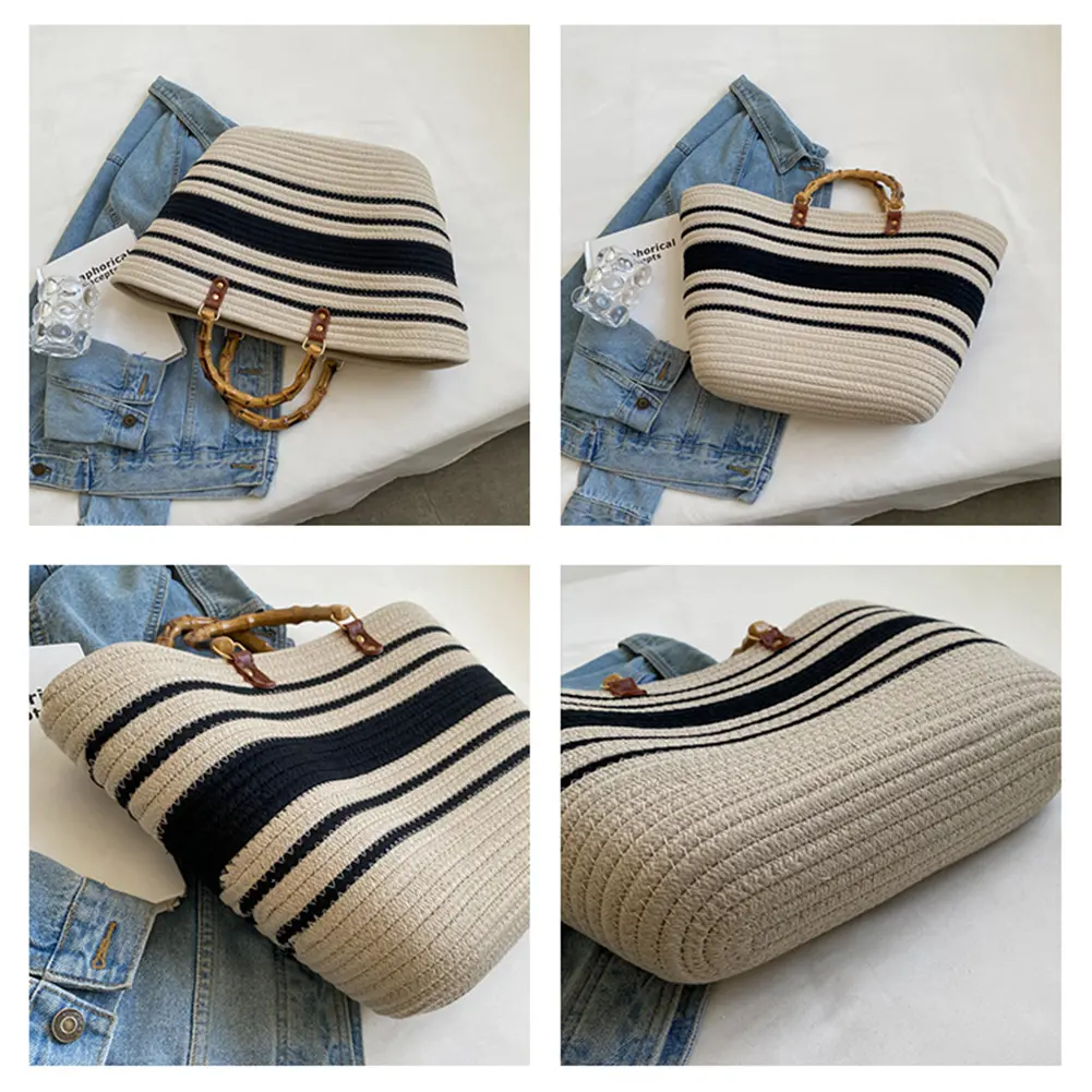 Ladies Woven Tote Bamboo Handle Holiday Hand Bag Large Capacity Striped Portable Casual Fashion Exquisite for Seaside Party