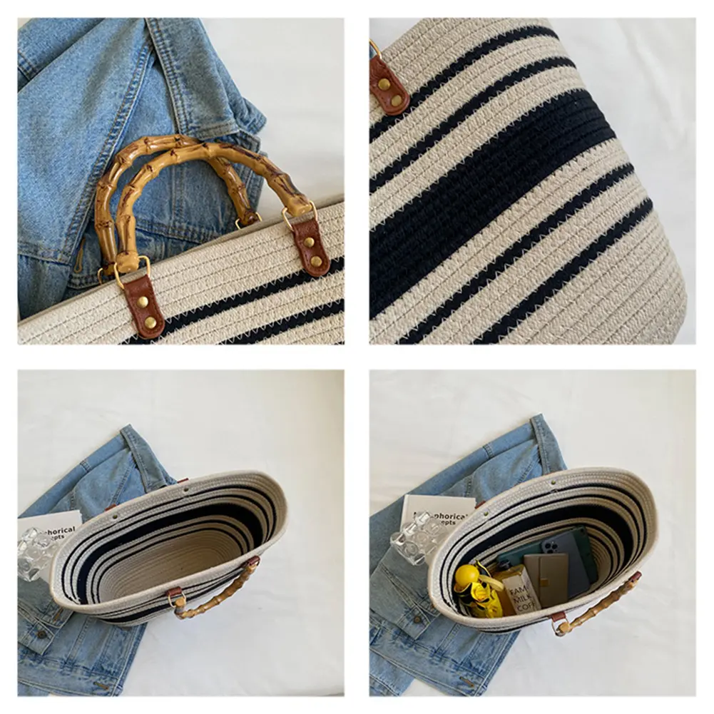 Ladies Woven Tote Bamboo Handle Holiday Hand Bag Large Capacity Striped Portable Casual Fashion Exquisite for Seaside Party