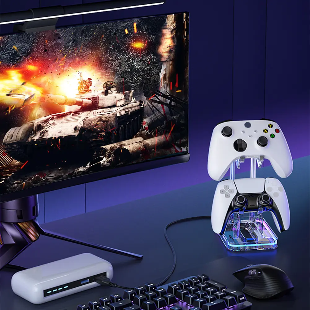 Dual Game Controller Holder RGB Gamepad Rack Stand Acrylic Gamepad Display Stand Rechargeable for PS5 PS4 Switch Xbox Rack