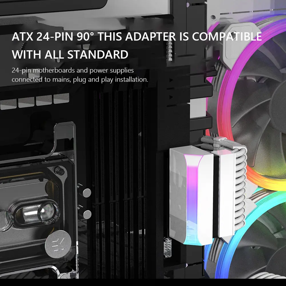 ATX 24Pin To 90 Degree Power Supply Cable Connectors 5V 3-pin ARGB Motherboard Power Connectors Aura Sync DIY Mounting
