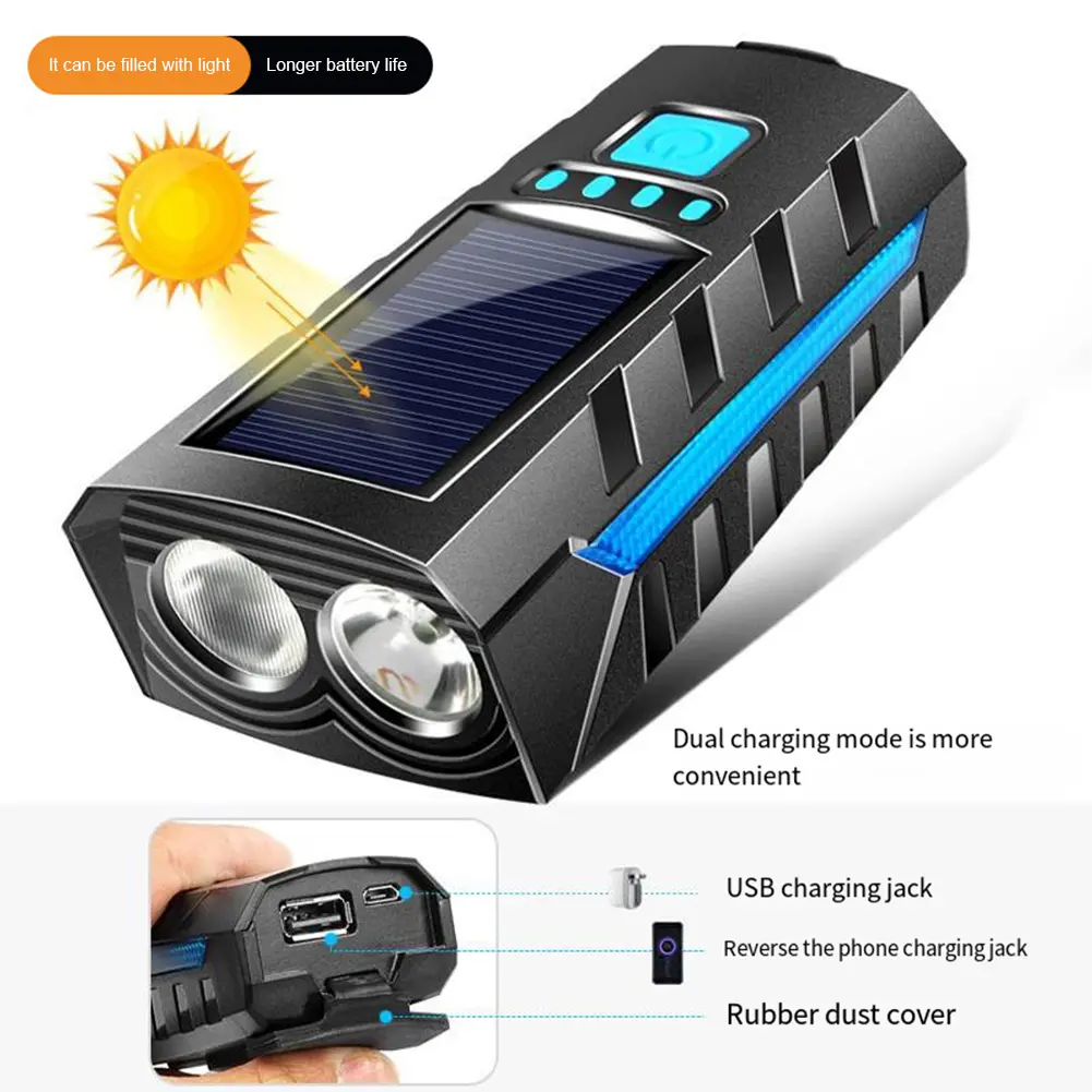 Solar Power Bike Front Light USB Rechargeable MTB Road Bike Front Lamp 2400mAh High Beam Bicycle Flashlight Bicycle Accessories