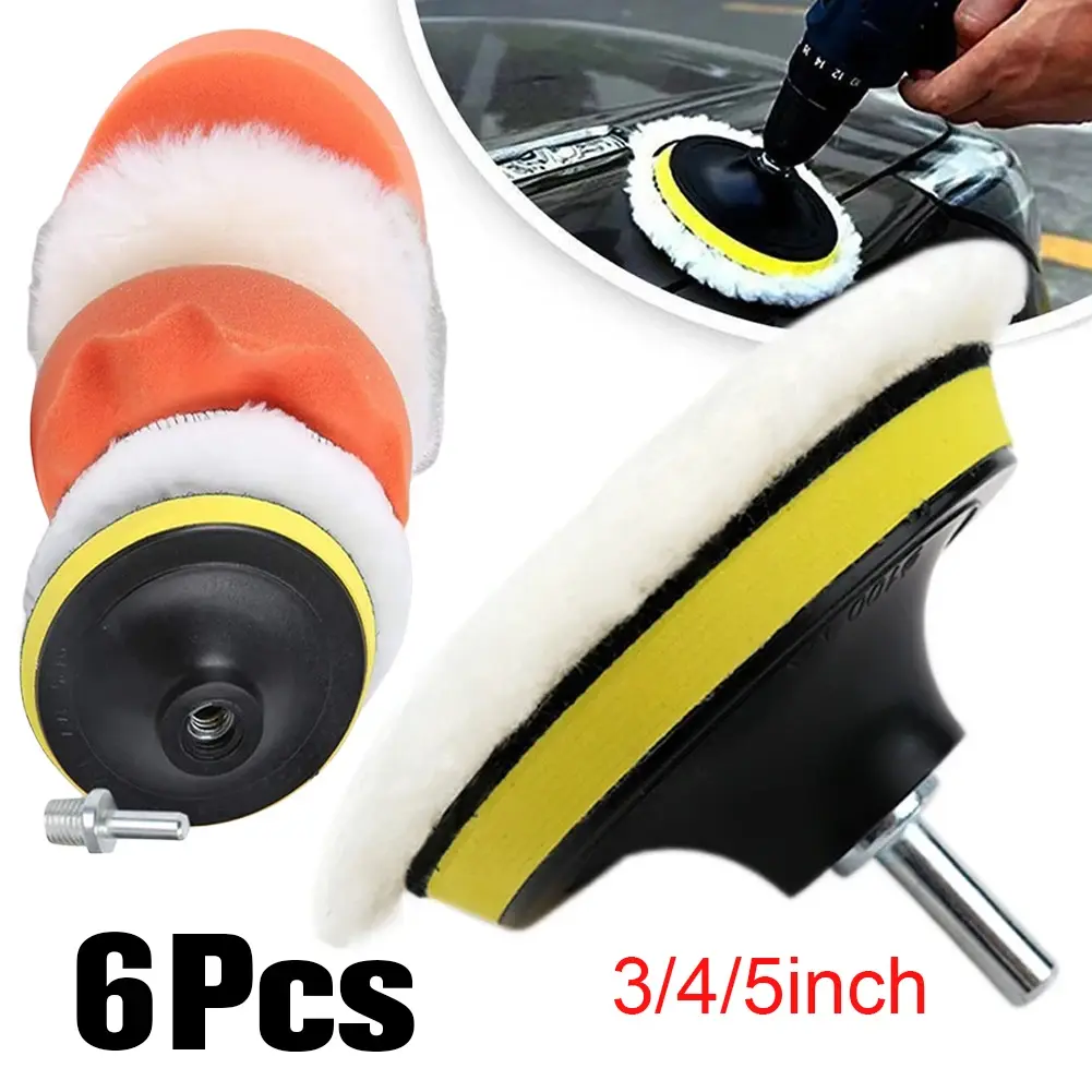 6pcs/Set Car Polisher Pads Kit Wool Buffer Drill Wheel Polisher Reusable 3/4/5 Inch Polishing Buffer Pad for Auto Remove Scratch