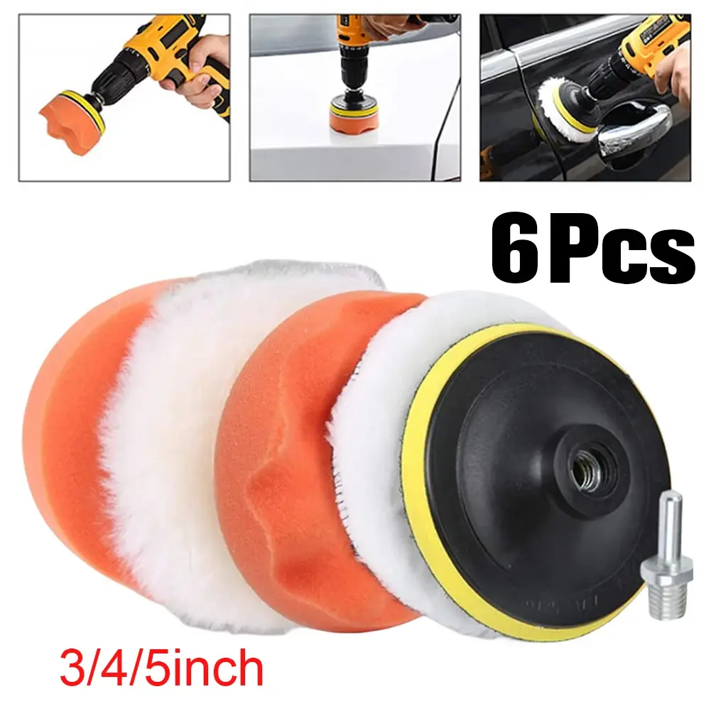 6pcs/Set Car Polisher Pads Kit Wool Buffer Drill Wheel Polisher Reusable 3/4/5 Inch Polishing Buffer Pad for Auto Remove Scratch