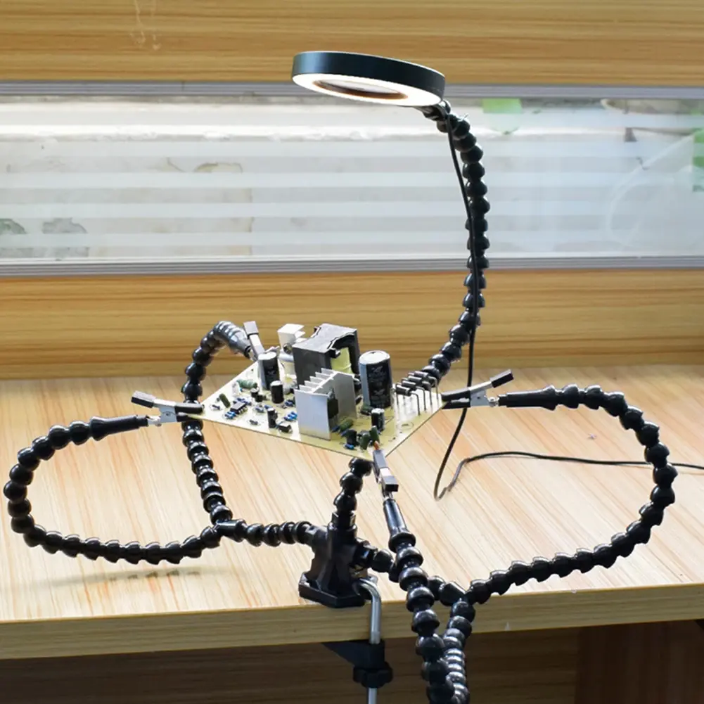 PCB Desk Clip Circuit Board Holder Adjustable Clamp 3X Magnifier PCB Holder Soldering Station With 5PCS Flexible Arms