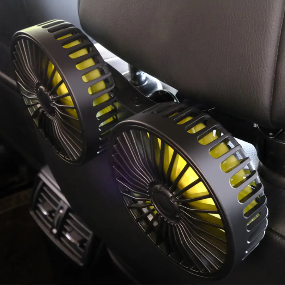 12V/24V Auto Headrest Ventilation Fan Dual Head USB Car Powerful Fan 360 Degree Rotation Electric Cooling Fan 3 Speed Adjustable
