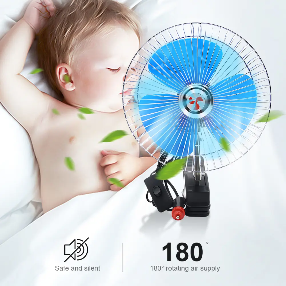 8 Inch Adjustable Clip-On Car Fan 24V 15W Portable Electric Auto Fan Low Noise Truck Vehicle Air Cooler Rotation Strong Wind