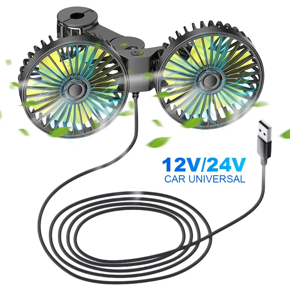 12V/24V Auto Headrest Ventilation Fan Dual Head USB Car Powerful Fan 360 Degree Rotation Electric Cooling Fan 3 Speed Adjustable
