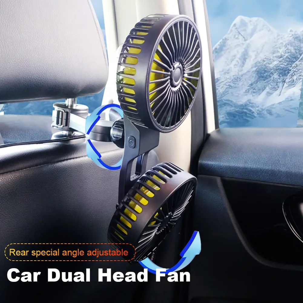 12V/24V Auto Headrest Ventilation Fan Dual Head USB Car Powerful Fan 360 Degree Rotation Electric Cooling Fan 3 Speed Adjustable