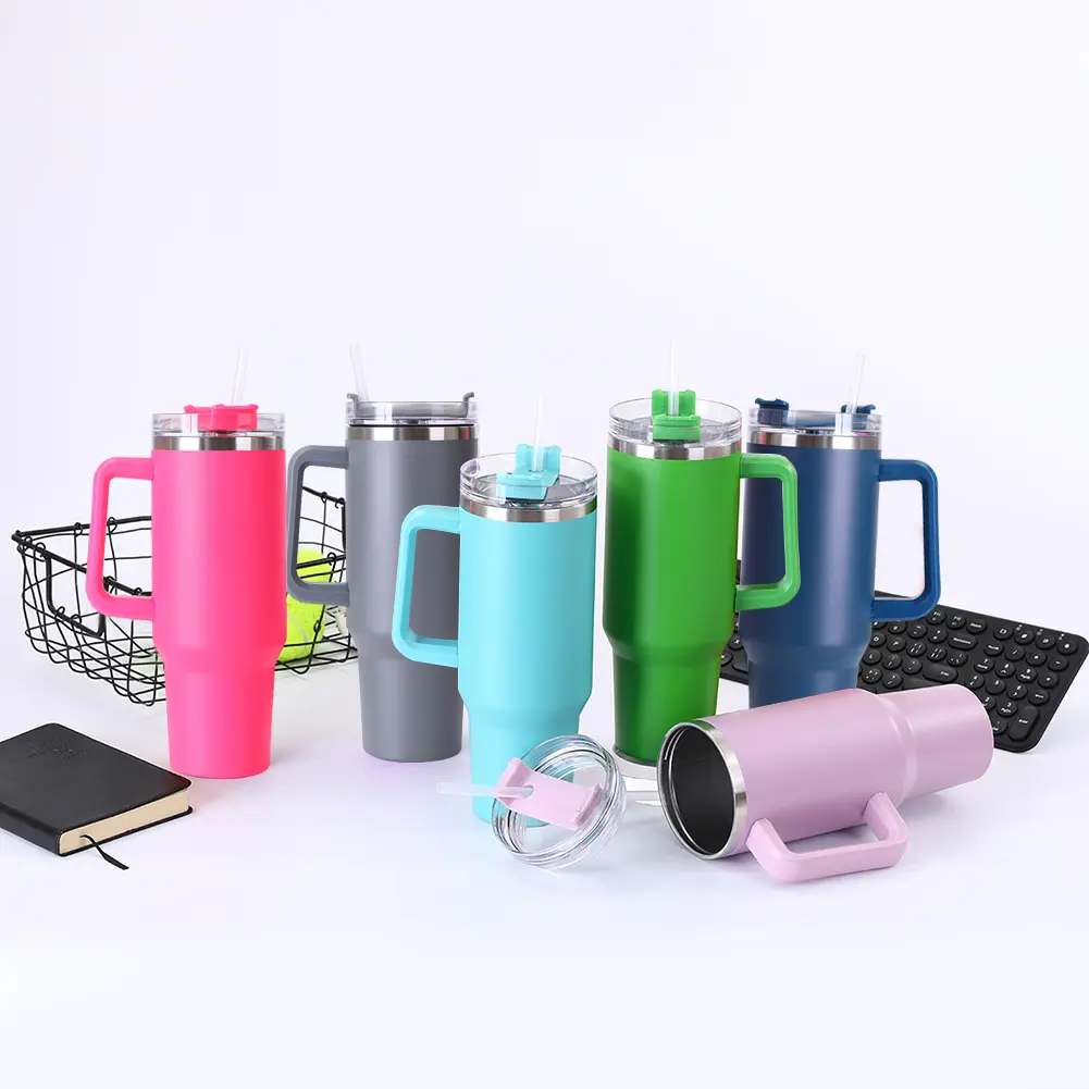 40oz Straw Double-Layer Insulated Cup with Handle Portable Water Cup Stainless Steel Travel Vacuum Flask for Cold Hot Beverages
