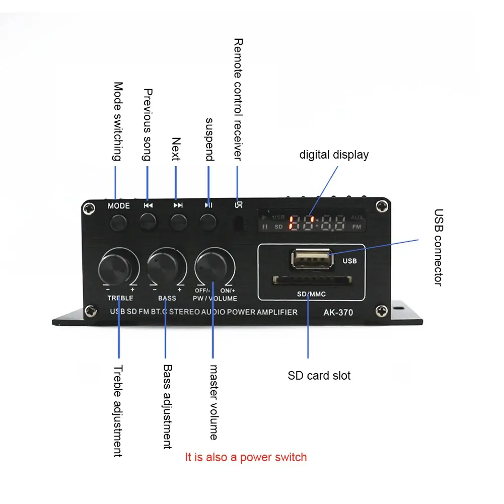 AK-370 Bluetooth Amplifier Power Amplifier 20W+20W 12V HIFI Stereo 2.0 Channel Digital Amplifier Stereo Home Theater AK-170