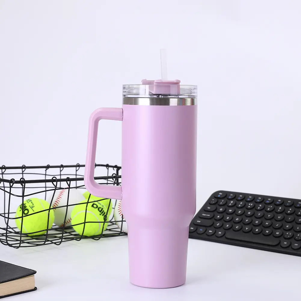 40oz Straw Double-Layer Insulated Cup with Handle Portable Water Cup Stainless Steel Travel Vacuum Flask for Cold Hot Beverages