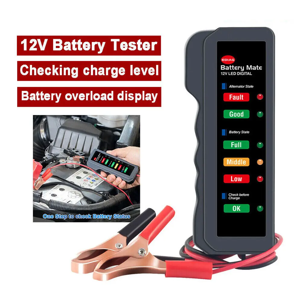 12V Auto Battery Tester 6 LED Display Vehicle Battery Testing Device Mini Electronic Alternator Tester for Car Motorcycle Trucks