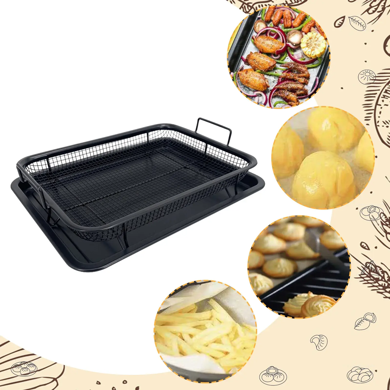 Copper Baking Tray Oil Frying Baking Pan Stainless Steel Non-stick Chips Basket Baking Dish Grill Mesh Square Frying Colander