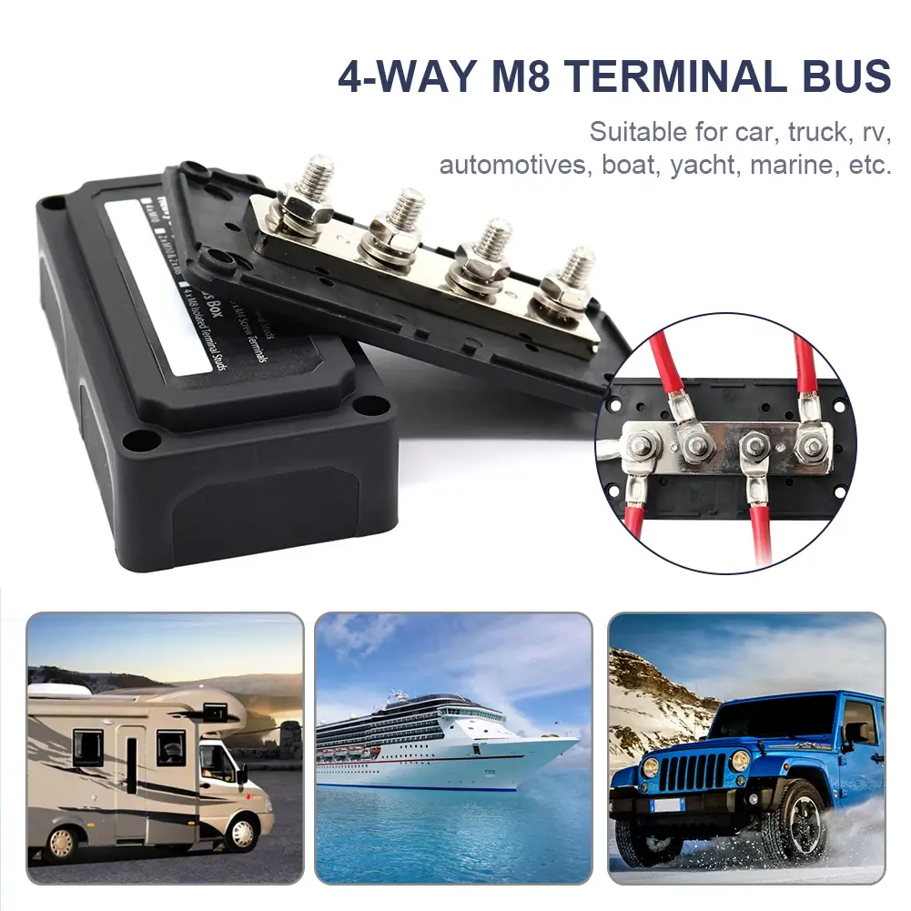 M8 Bus Bar Box 4Terminal Studs High Current Busbar Cable 300A Organizer Box Heavy-Duty Modular Design Board Case For Car RV Ship