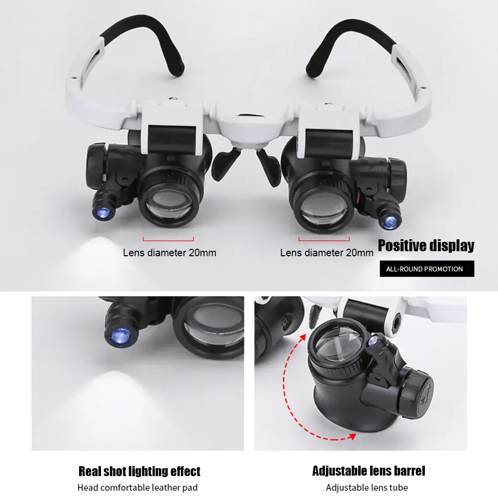 2xLED 8X 15X 23X Watch Jeweler Repair Magnifier Telescopic Magnifier Glasses with 2 LED Light for Reading Wearing