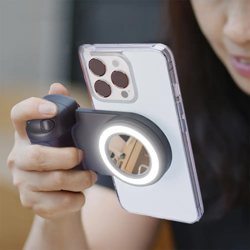 For Magsafe Bluetooth-Compatible Shutter Phone Hand Grip with Fill Light & Reflective Mirror Selfie Handle for iPhone 16 15 Vlog