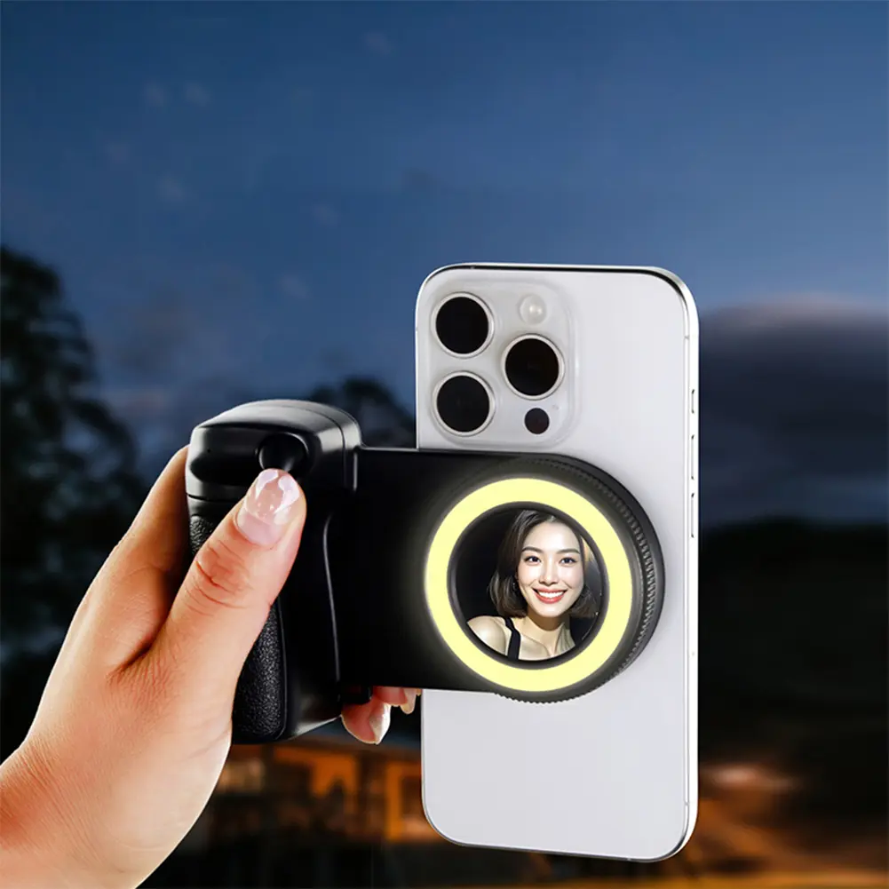 For Magsafe Bluetooth-Compatible Shutter Phone Hand Grip with Fill Light & Reflective Mirror Selfie Handle for iPhone 16 15 Vlog