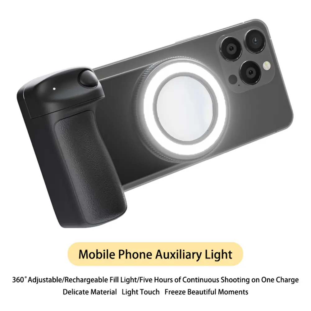 For Magsafe Bluetooth-Compatible Shutter Phone Hand Grip with Fill Light & Reflective Mirror Selfie Handle for iPhone 16 15 Vlog