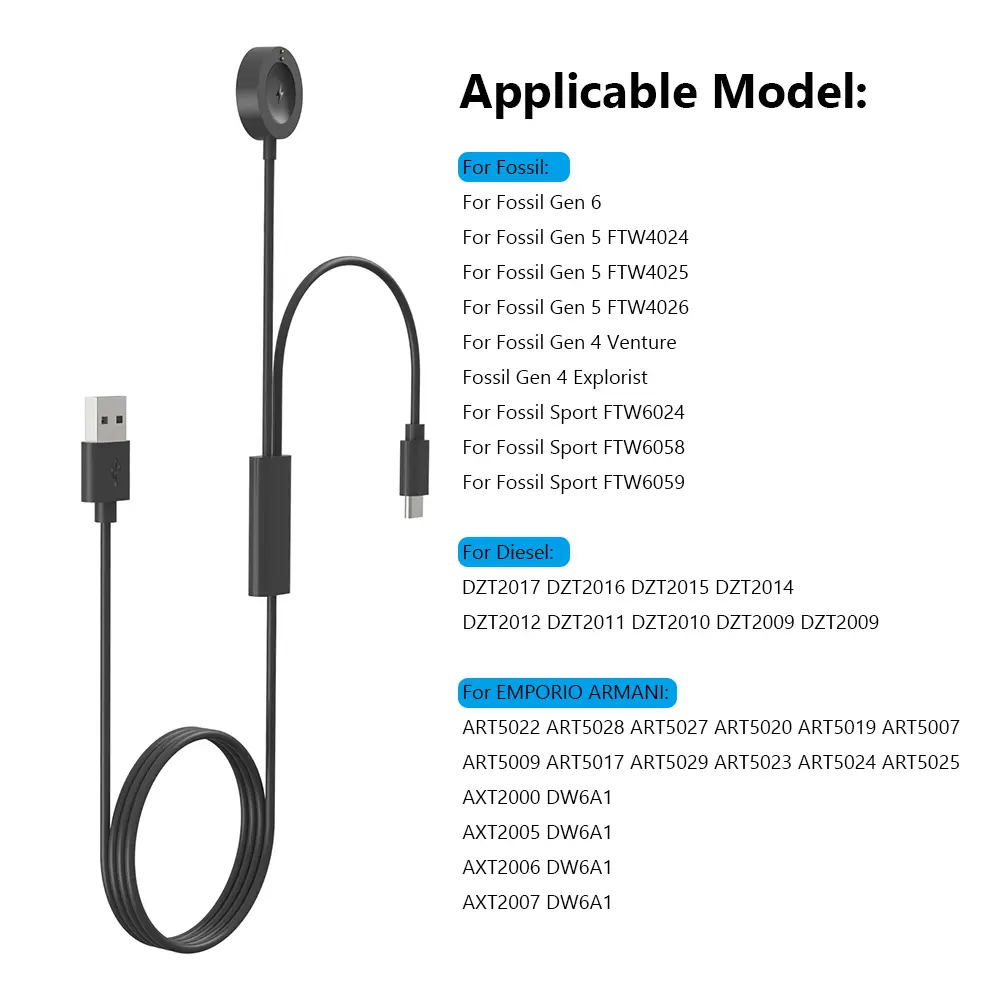 2 in 1 Portable Charging Dock USB C PD Charging Cable Charging Dock Stand Station for Fossil Gen 6/Gen 5/Gen 4 Venture/Explorist