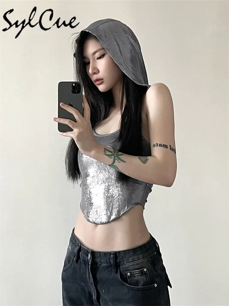 Nibber Silver Retro Matte Cyberpunk Fashionable High Street Sexy Mature Confident Cool Simple Women's Summer Thin Hooded Vest