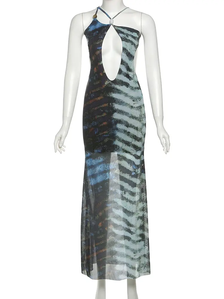 Nibber Sexy Serpentine Sexy Dress Women Patchwork Mesh Hem Cross Straps Sleeveless Backless Midnight Party Clubwear Vestidos