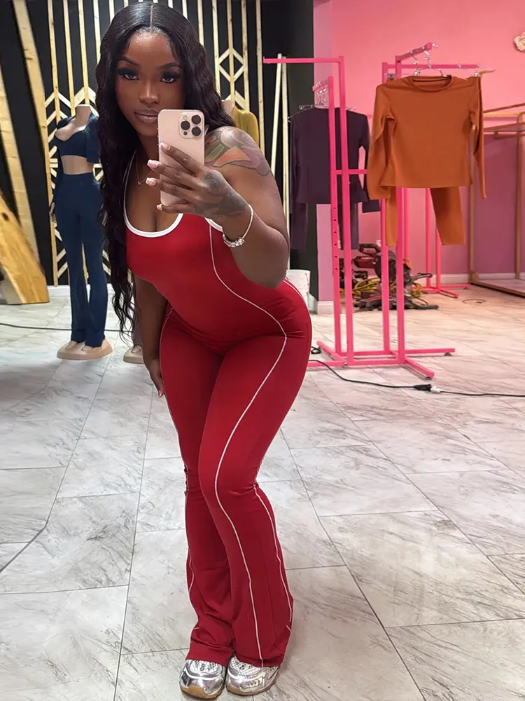 Nibber Sporty Panelled Stripe Women Jumpsuits Casual Summer O-neck Sleeveless Backless Skinny Overalls Female Active One Piece